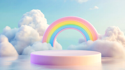 3D render of a podium with a rainbow and clouds background, in a cartoon style