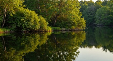 Serene lakeside view with lush greenery reflecting on calm water during golden hour, ideal for relaxation