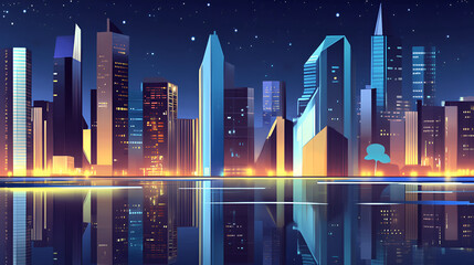 Stylized digital illustration of a vibrant city skyline at night with reflections on the water