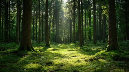 Obraz premium Tranquil forest of towering spruce, fir, and pine trees bathed in soft sunlight, evoking a serene connection with nature