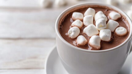Hot chocolate with marshmallows, winter drink, cozy wooden table, background blur, perfect for winter recipes