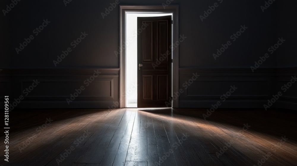 Poster the darkened room features an open door, allowing a gentle beam of light to stream in, illuminating 