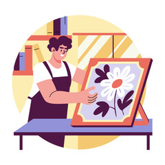 A flat illustration of a character making flower painting 