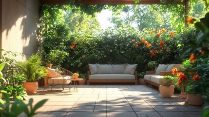 Fototapeta premium A serene outdoor space featuring cozy seating surrounded by lush greenery and vibrant flowers, perfect for relaxation and enjoyment.