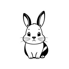 A cartoon illustration of a rabbit, in a black and white minimalistic, graphic style, on a white background.