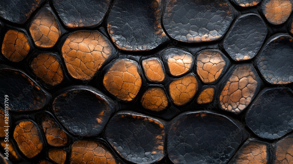 Poster close-up view of an abstract textured surface resembling a mosaic of dark and copper colored pebbles