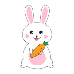 Cute rabbit and carrot.Happy Easter Day element.Kawaii smiling bunny holding carrot cartoon character vector illustration symbol.