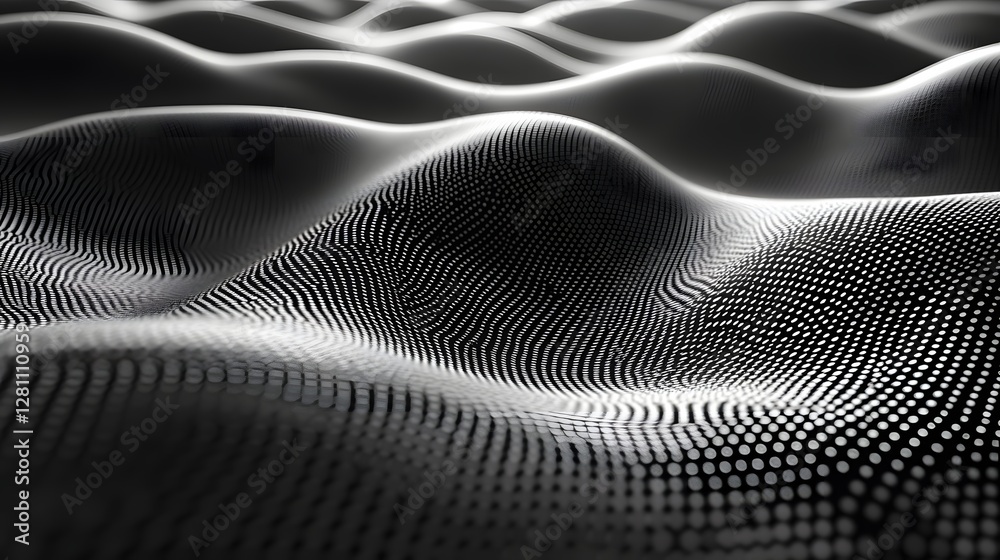 Poster abstract digital artwork featuring undulating waves of dots, creating a grayscale landscape. abstrac