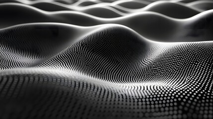 Abstract digital artwork featuring undulating waves of dots, creating a grayscale landscape. Abstract Monochromatic Waves: A Digital Landscape of Dots and Curves
