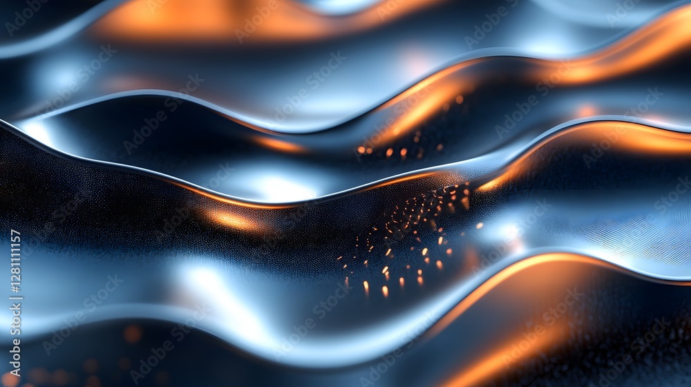 Poster abstract image of undulating metallic waves, with vibrant blue and orange highlights. a stunning vis