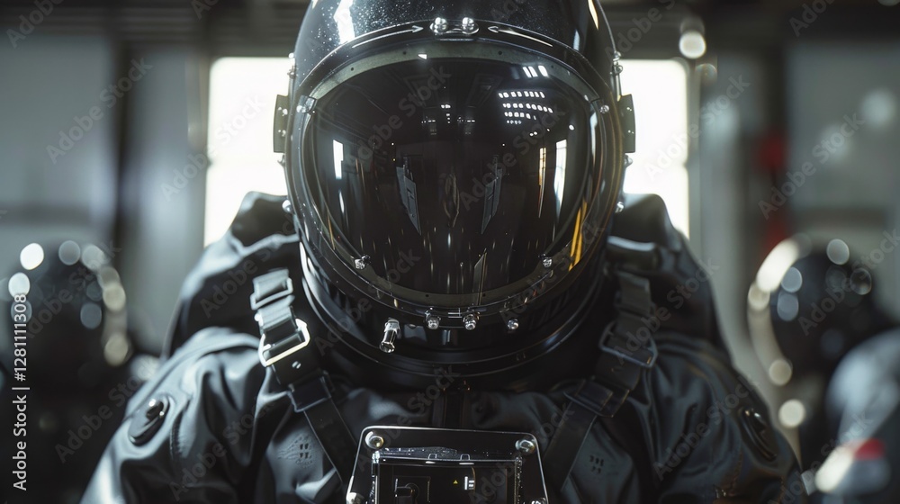 Poster Astronauts dressed in advanced spacesuits gather for a space mission briefing inside a modern training facility filled with artificial lighting.