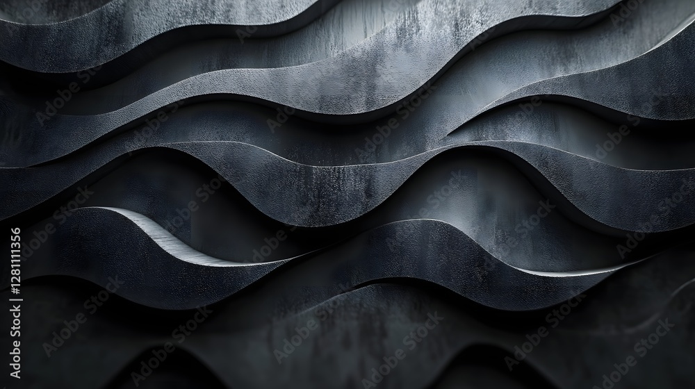 Poster 3d rendered image of dark grey wavy texture. abstract background or wall texture. abstract dark grey
