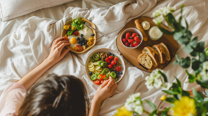 Woman surrounded by a variety of healthy breakfast dishes in bed.