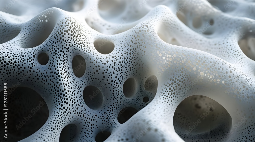 Poster Close-up view of a 3D rendered abstract cellular structure. The image showcases an organic, porous surface with intricate detail. Cellular Structure, Organic Form, Porous Surface
