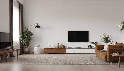 Minimalist living room interior with white wall background and TV cabinet, minimalist, living room, interior decor, white,television, apartment, comfortable, contemporary,79