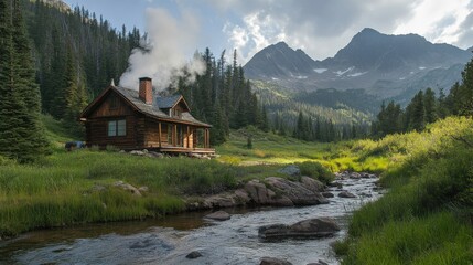 Fototapeta premium Cabin retreat in the mountains serene landscape nature photography peaceful environment scenic view tranquility concept