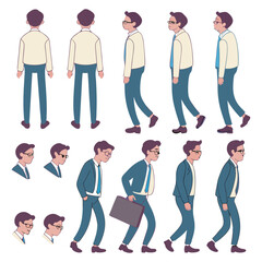 Business man character constructor for animation vector illustration. Front, side and back view set. Body parts, postures, poses collection.