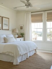 A bright and airy bedroom with white accents and light