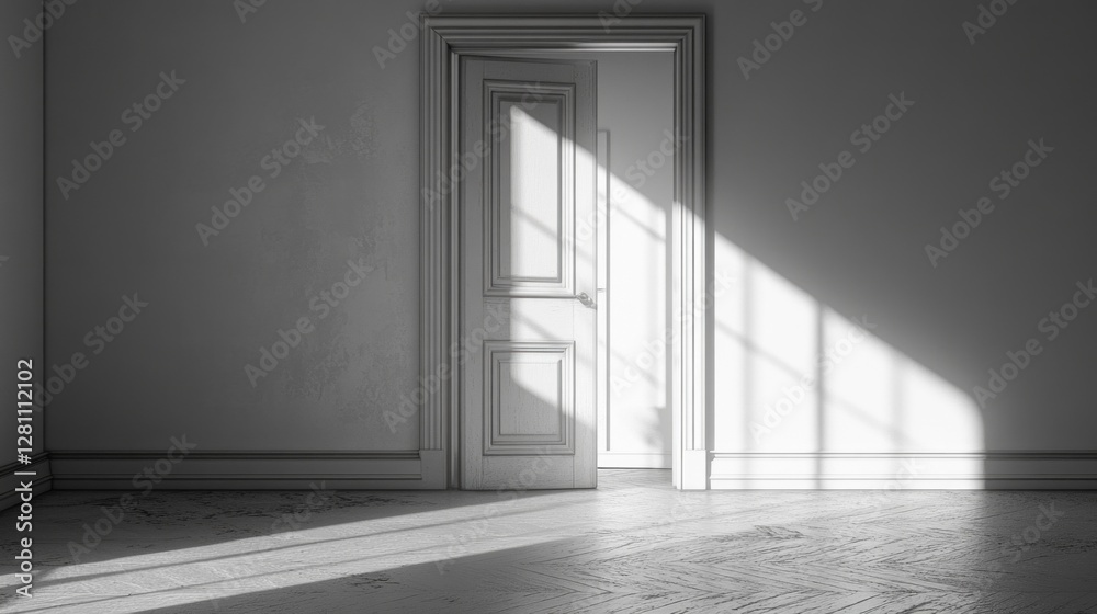 Poster an open door invites soft sunlight into a pristine white room, casting gentle shadows on the polishe