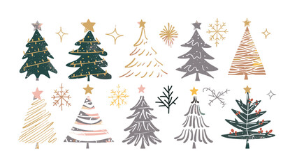Obraz premium Christmas tree vector illustration, hand drawn doodle style, New Year symbols, winter holidays decorations, xmas trees, festive clipart, holiday vector art, winter holiday designs,