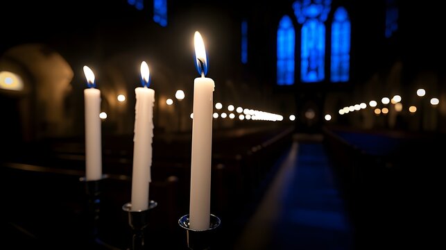 Close-Up of White Candles in Gothic Church with Blue Windows