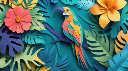 Fototapeta premium Vibrant paper art parrot amidst tropical flowers and leaves on teal background.
