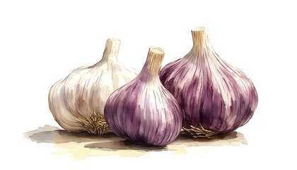 Obraz premium Three Bulbs Of Garlic In Watercolor Illustration On White