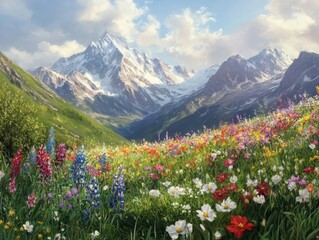Fototapeta premium Breathtaking mountain landscape with colorful wildflowers alpine region nature photography scenic environment wide-angle view serenity
