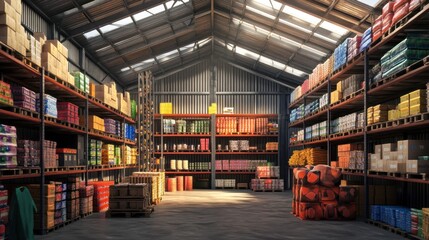 Obraz premium Sunlit warehouse interior with diverse goods on shelves and pallets.