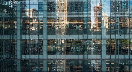 Fototapeta premium Reflections of City Buildings in Glass Facade of Modern Office