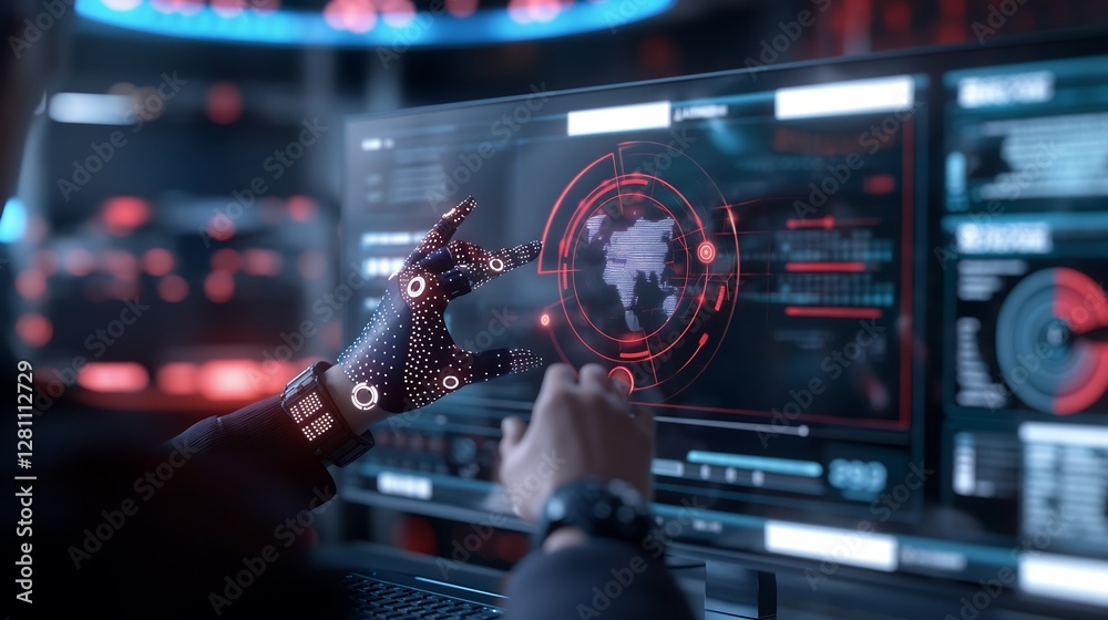 Poster an augmented reality visualization of an ai-powered cybersecurity agent monitoring network traffic, 