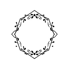 Simple, symmetrical, geometric black and white image of a floral frame. Elegant, decorative outline.