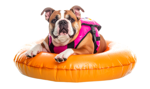 Playful Bulldog Relaxing on Inflatable Pool Float in Bright Colors