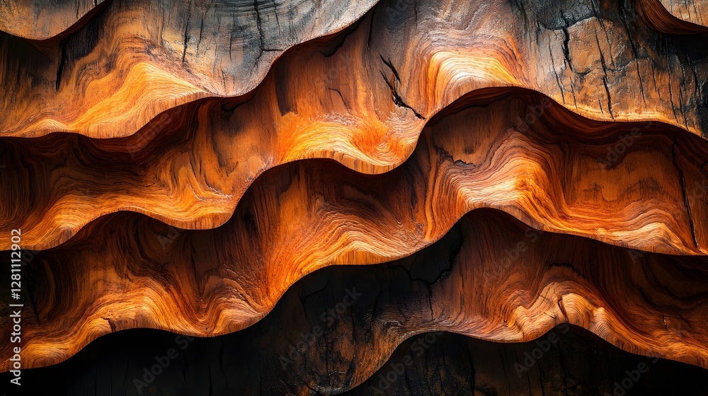 Poster close-up view of an abstract wooden sculpture. the waves of wood create a visually captivating piece