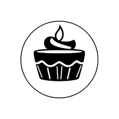 Black-and-White Cupcake Icon with Frosting and Flame, enclosed in a circular outline, minimal design.