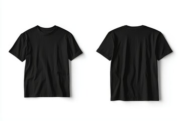 Mockup of a black T-shirt, showcasing both front and back, set against a white studio background, complete with a design template labeled as number one
