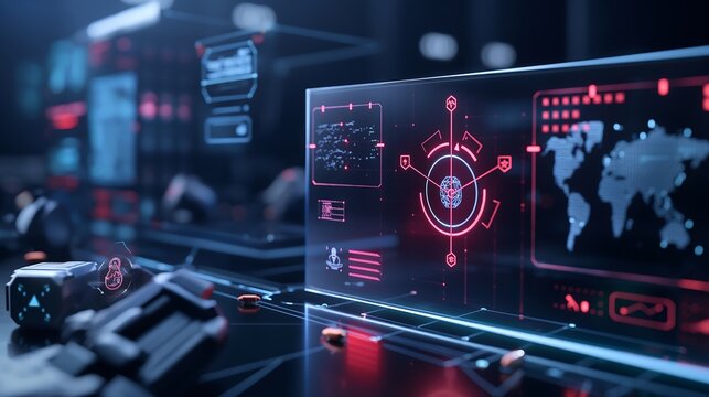 An augmented reality visualization of an AI-powered cybersecurity agent monitoring network traffic, detecting threats, and analyzing encrypted data streams, ensuring robust digital security.