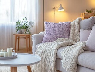 A cozy and well lit living room setup is illustrated