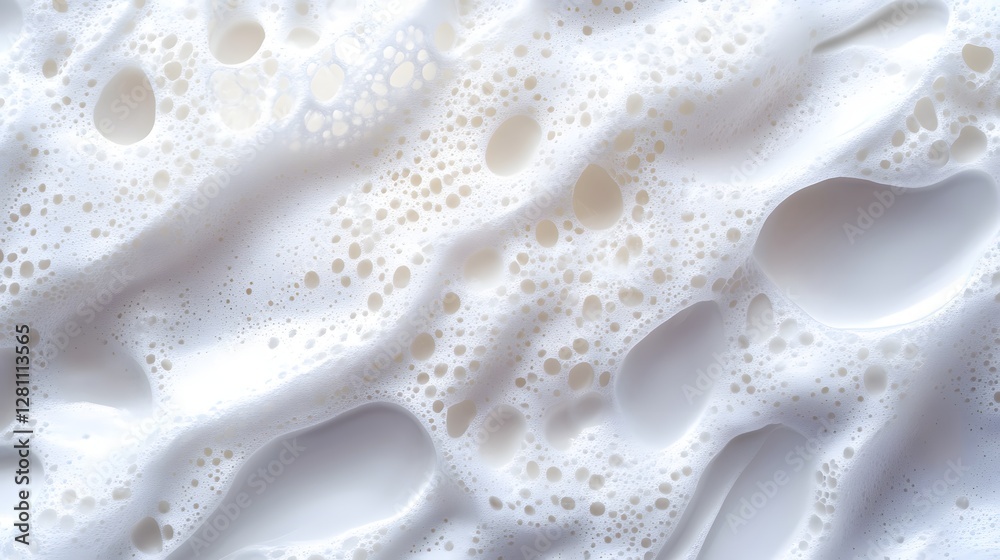 Poster Close-up image of creamy white foam with many bubbles, creating an abstract texture background. Abstract Close-up of Creamy White Foam Texture