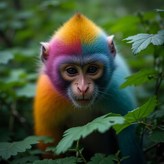 Fototapeta premium Ein exotischer Makakenaffe mit buntem, regenbogenfarbenem Fell, der in den Regenwäldern Asiens lebt und durch das dichte Grün schleicht. 