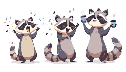 Cute raccoon cartoon character vector, funny raccoon illustration, wild mascot with confetti for birthday, comic sleepy animal with coffee, adorable expression set, baby raccoon, wildlife