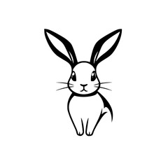 Monochromatic minimalist bunny illustration, cute, cartoon rabbit in black ink over white.