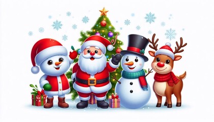 Happy Christmas characters: Santa Claus, snowman and reindeer waving, smiling isolated on white background