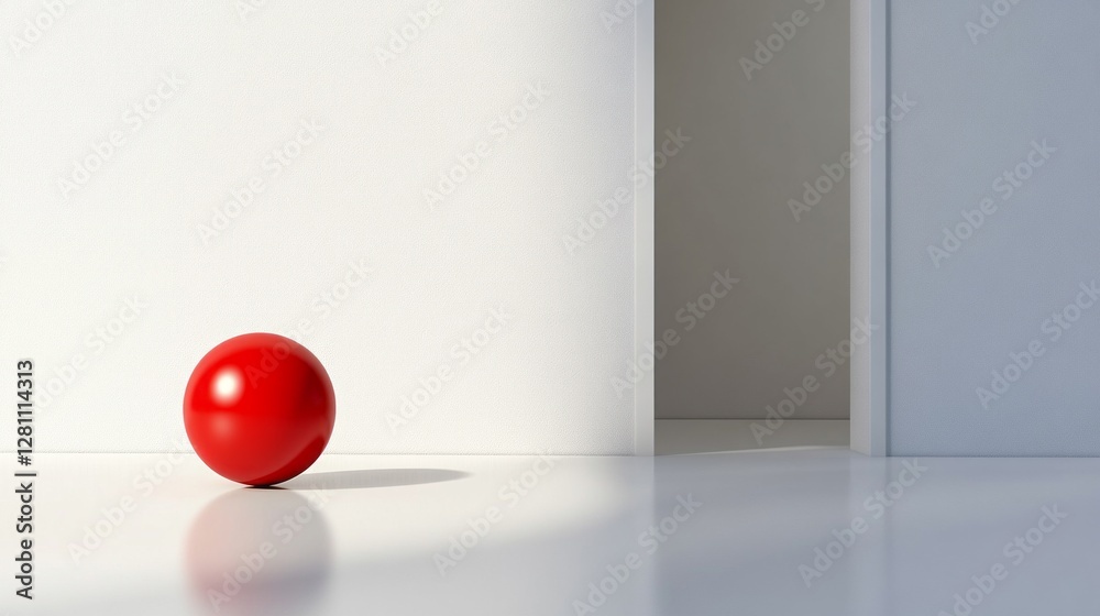 Poster in a softly lit room, an open door leads to unknown realms. a vibrant red ball sits alone on a prist
