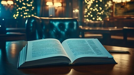 Stack of Papers and Open Book on a Table in a Cozy Setting