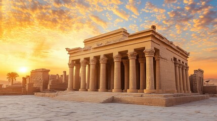 Obraz premium Aerial view of a majestic temple featuring elegant columns, set against a vibrant sunset that enhances its architectural beauty and serene atmosphere.
