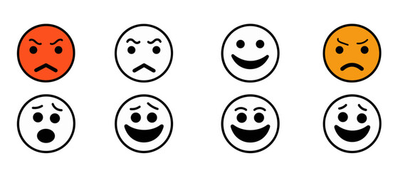 Fototapeta premium Vector emoticons set, emoji faces collection, flat style smiley, happy and sad emoji, line face icons, stock vector, expression symbols, funny emoticons, chat icons, mood expressions, reaction emoji