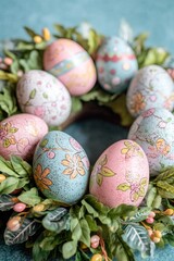 Fototapeta premium Bunch of colorfully decorated Easter eggs arranged in a wreath.