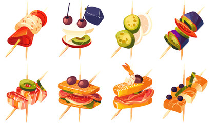 Vector cartoon set of finger food on toothpick skewer, canape appetizer for buffet menu, little starter sandwich with cheese, olives, seafood, vegetables, tapas collection for aperitif, snack