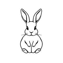 Cartoon rabbit illustration, black outline, white background, front view, seated.